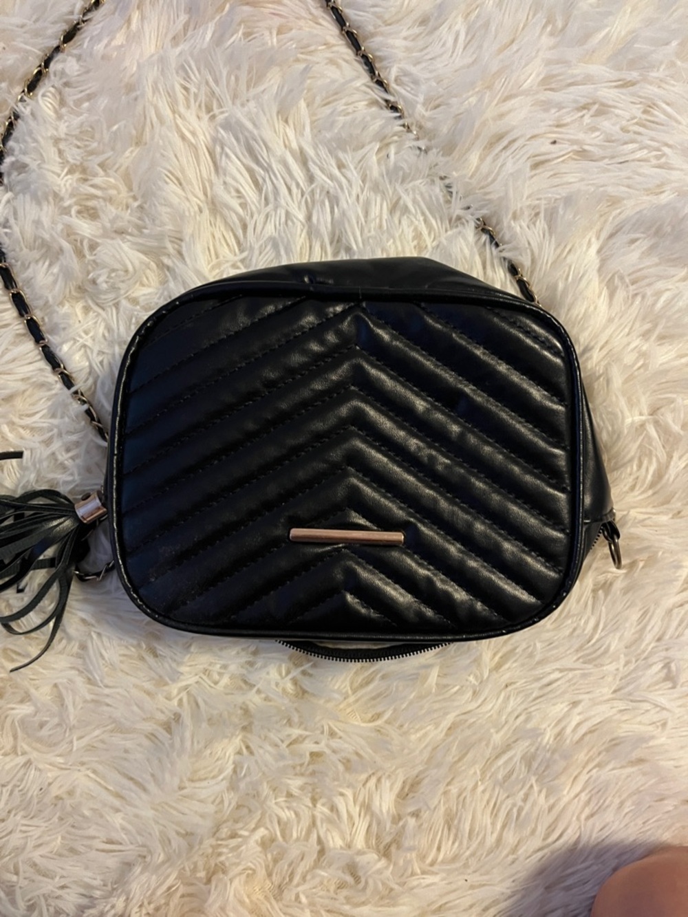 Black Quilted Crossbody Bag with Tassel